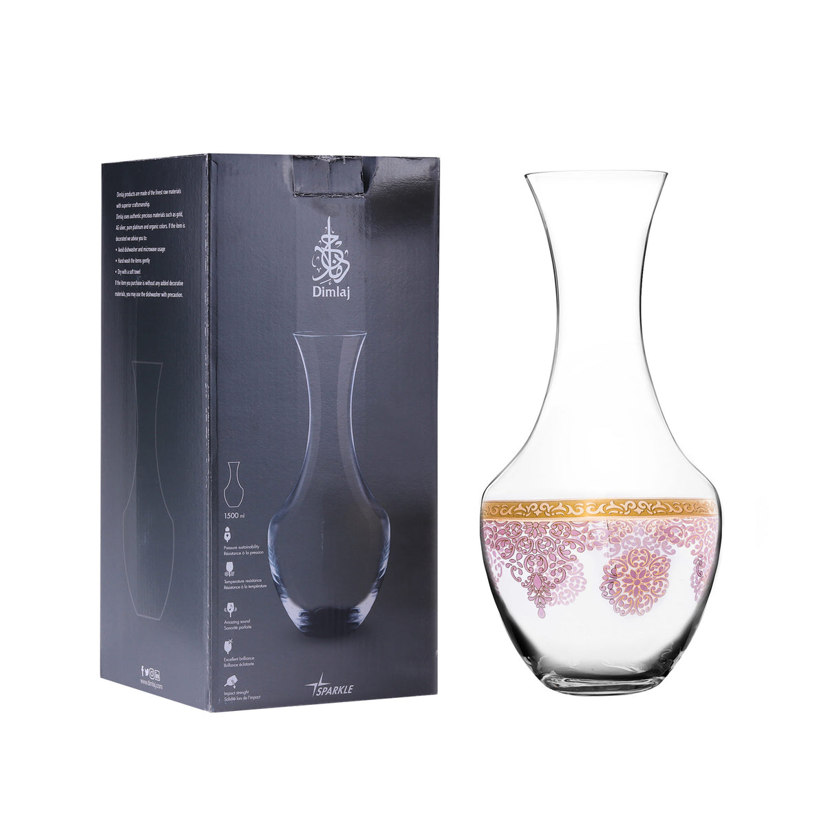 Glass Vase with Gold and Pink Floral Décor, 1500 ml – Dimlaj Sparkle