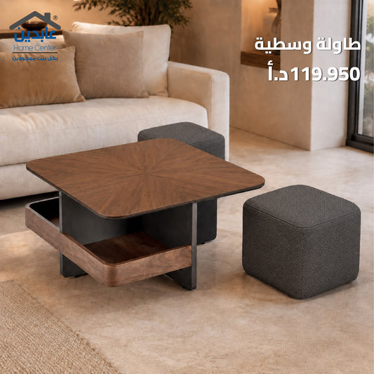 Coffee Table with Storage Shelf and Ottomans