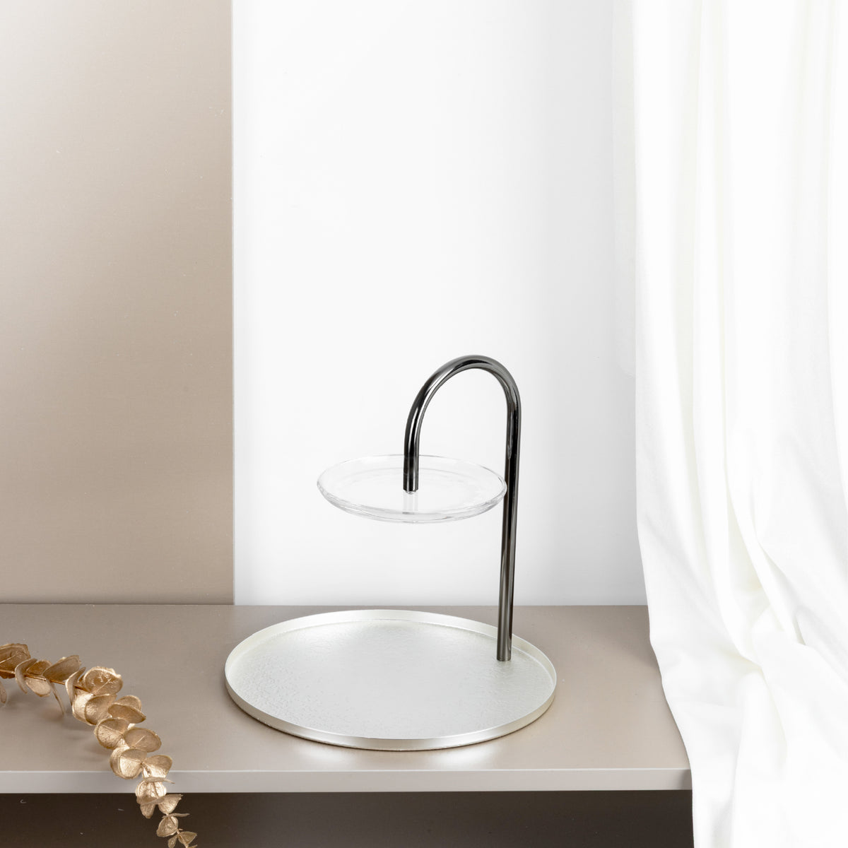 Two-Tier Serving Stand with Glass Dish and Metal Tray — Otantik