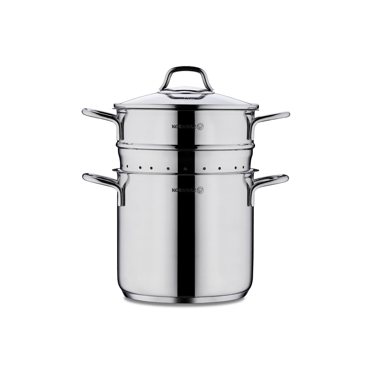 Stainless Steel Spaghetti Pot with Steamer Insert and Glass Lid by Korkmaz