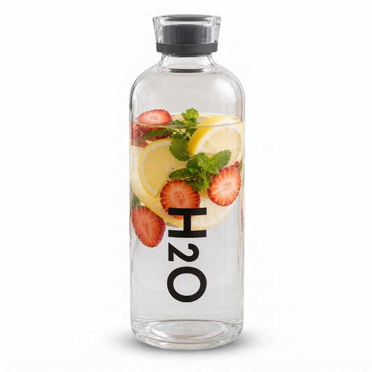 زجاجة ماء زجاجية شفافة H2O