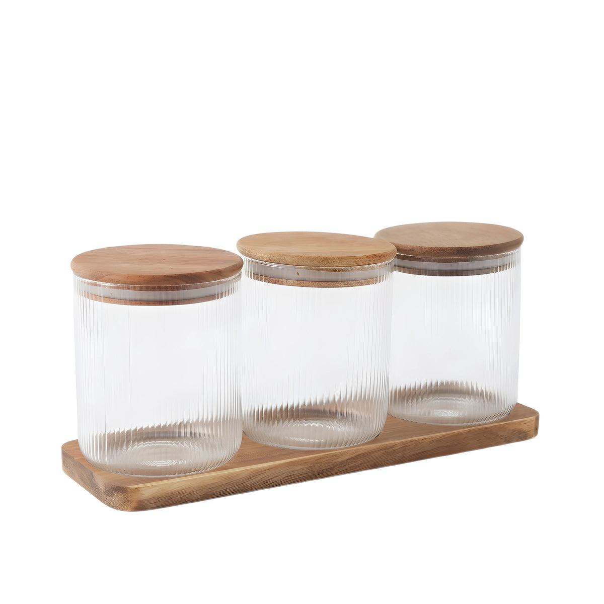 طقم برطمانات زجاج مع قاعدة خشبية 3 قطع - A Home