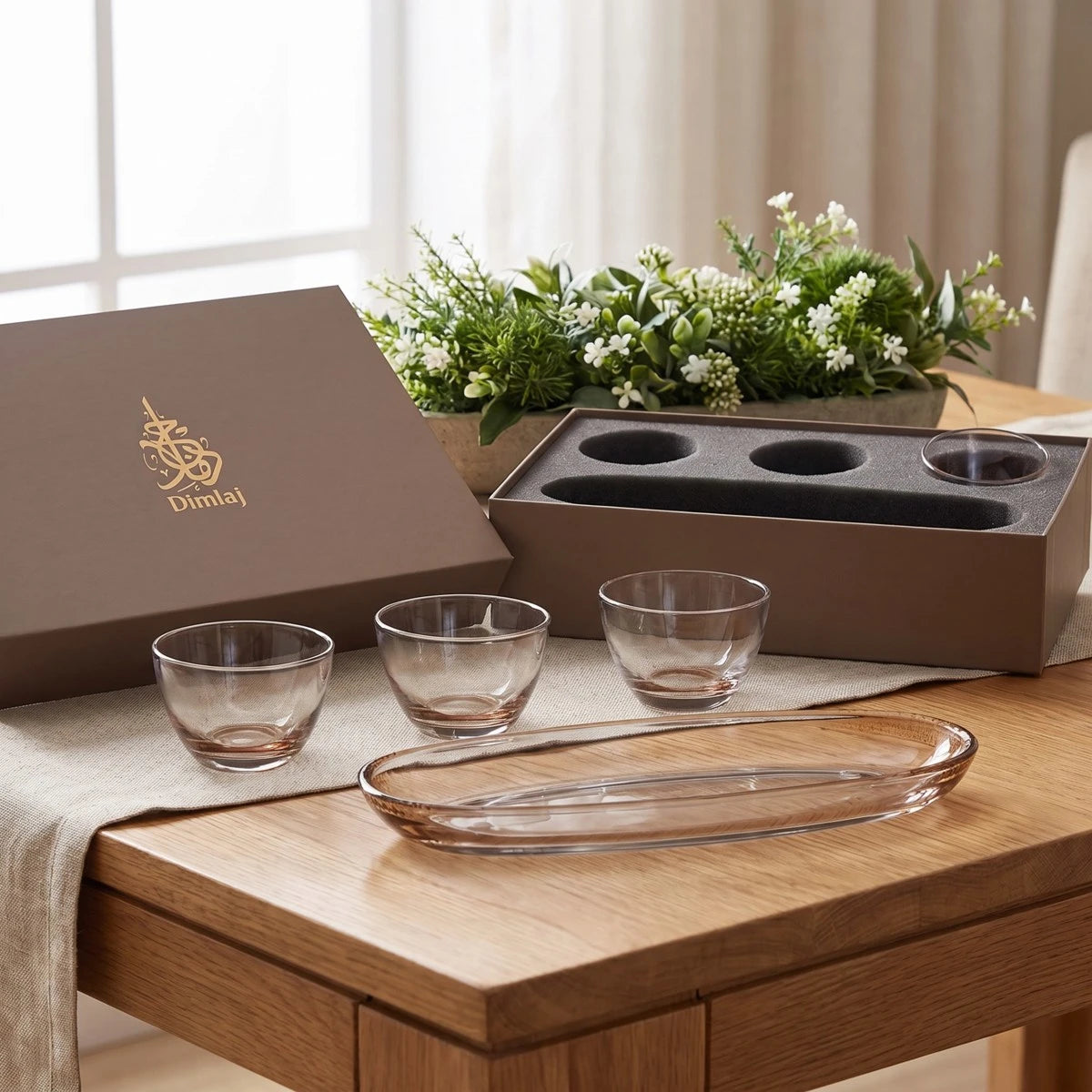 طقم مضيفة زجاج مع صينية بيضاوية - Dimlaj