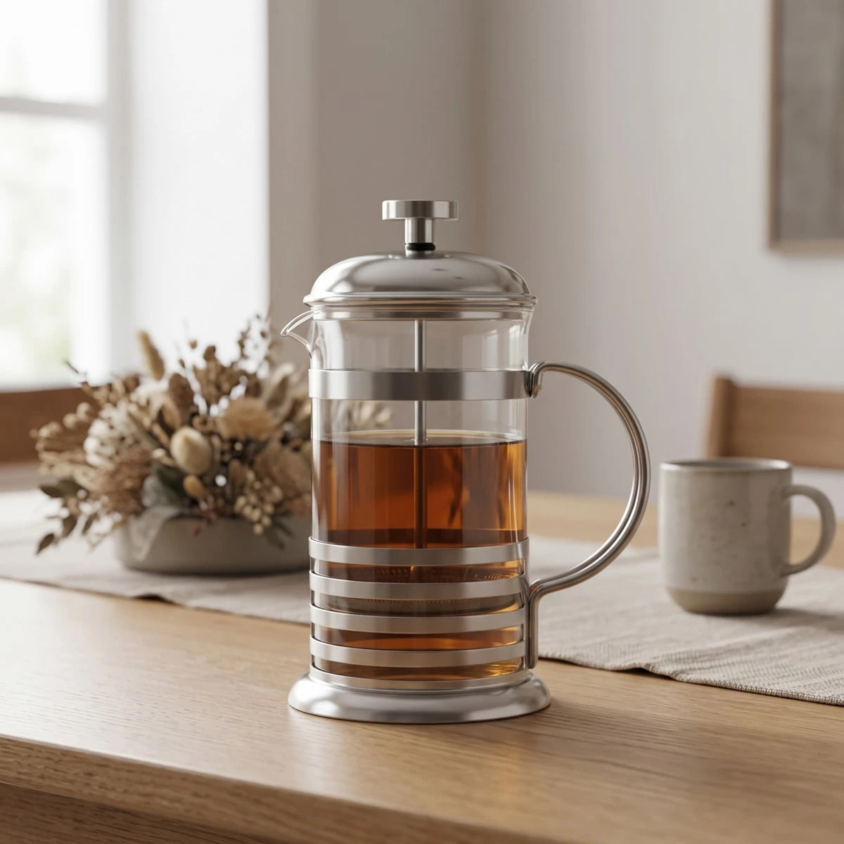 مصفاة قهوة French Press بجسم زجاجي وإطار معدني