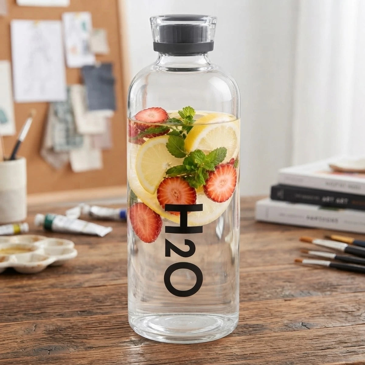 زجاجة ماء زجاجية شفافة H2O