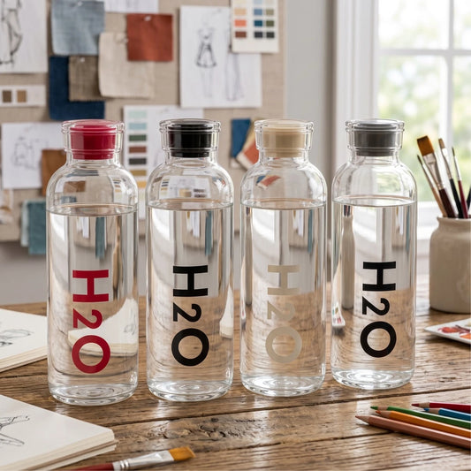 زجاجة ماء زجاجية شفافة H2O