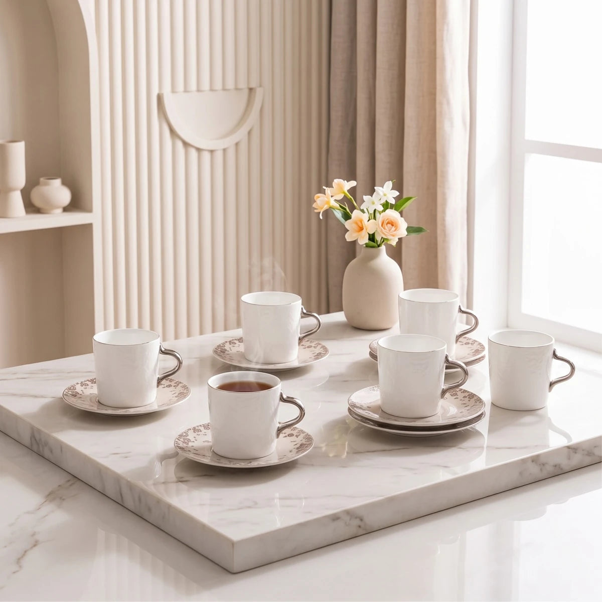 طقم فناجين شاي بورسلان - 6 فناجين و6 صحون