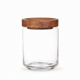 مرتبان زجاجي بغطاء خشبي للتخزين الغذائي